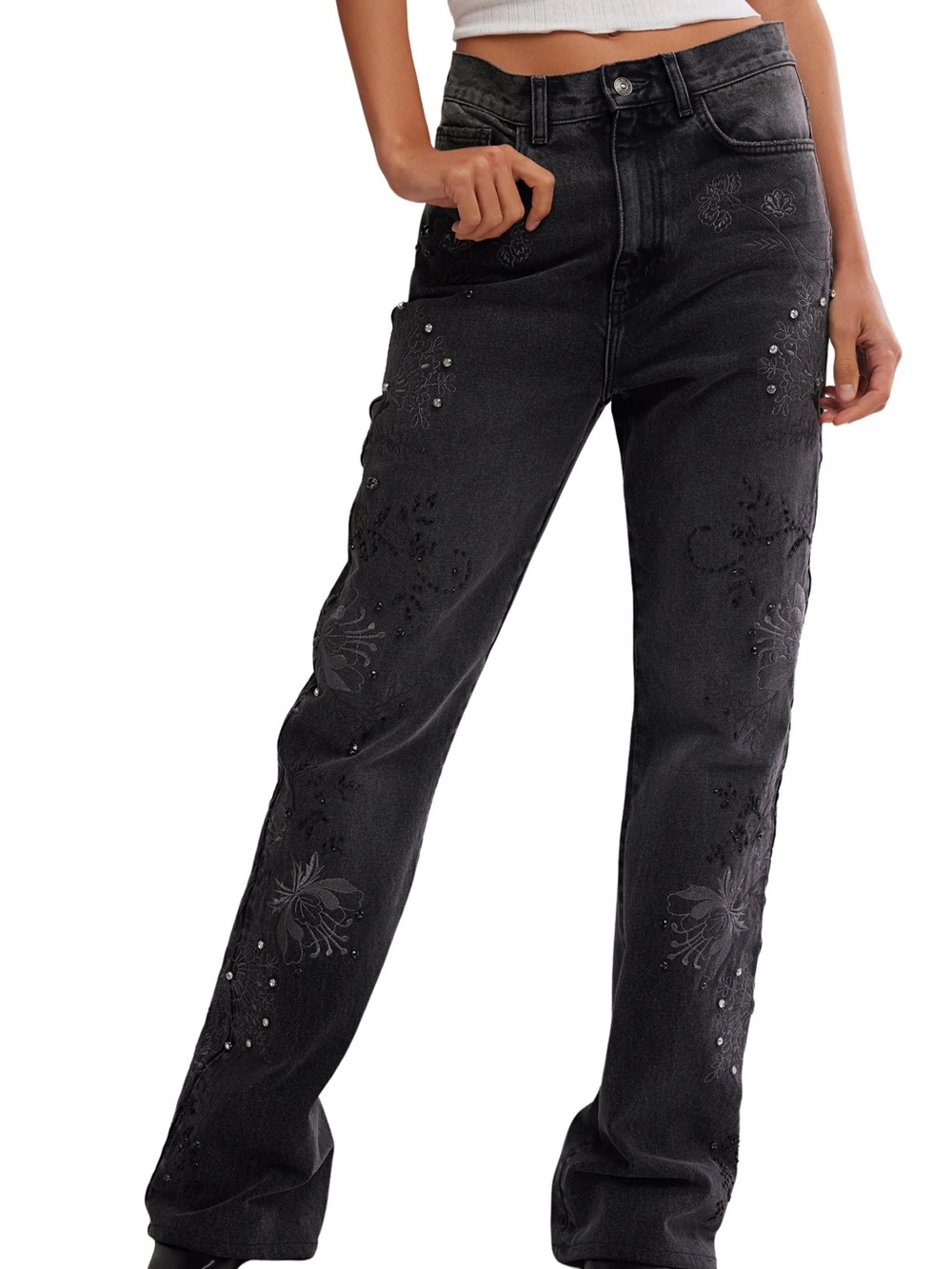 Free People Irie Black Embroidered Flare Jeans